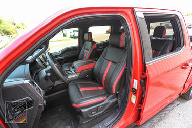 2015 Ford F-150 | This kit was built in our Two-Tone Wings style with Black as the Primary Color and our brand new Bright Red as the Secondary Color and Red Piazza Perf inserts. We finished off the double-stitching and topstitching in a contrasting silver thread to complim