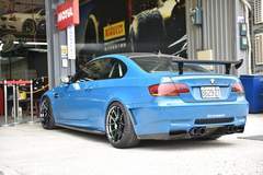 Blue BMW E92 M3 on Forgeline One Piece Forged Monoblock GS1R Wheels in Black Chrome PVD - Rear Angled Shot