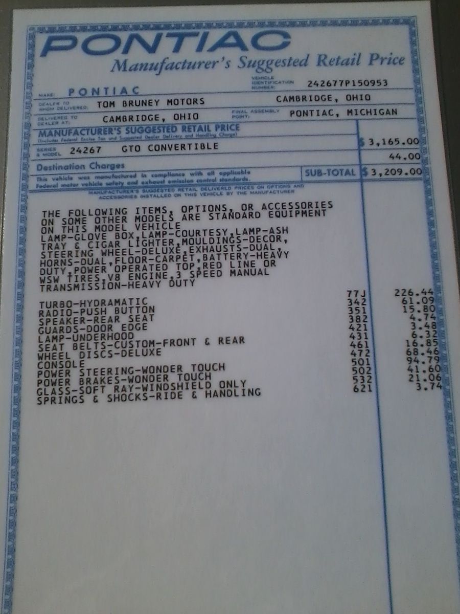 1967 Pontiac GTO | official factory invoice