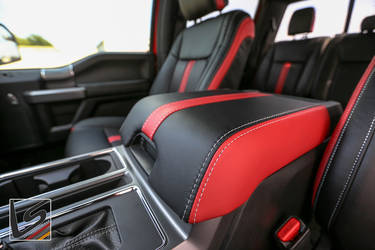 2015 Ford F-150 | This kit was built in our Two-Tone Wings style with Black as the Primary Color and our brand new Bright Red as the Secondary Color and Red Piazza Perf inserts. We finished off the double-stitching and topstitching in a contrasting silver thread to complim