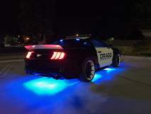 Police Blue lights under the DRAGG '18 Mustang from SEMA #FordSEMA